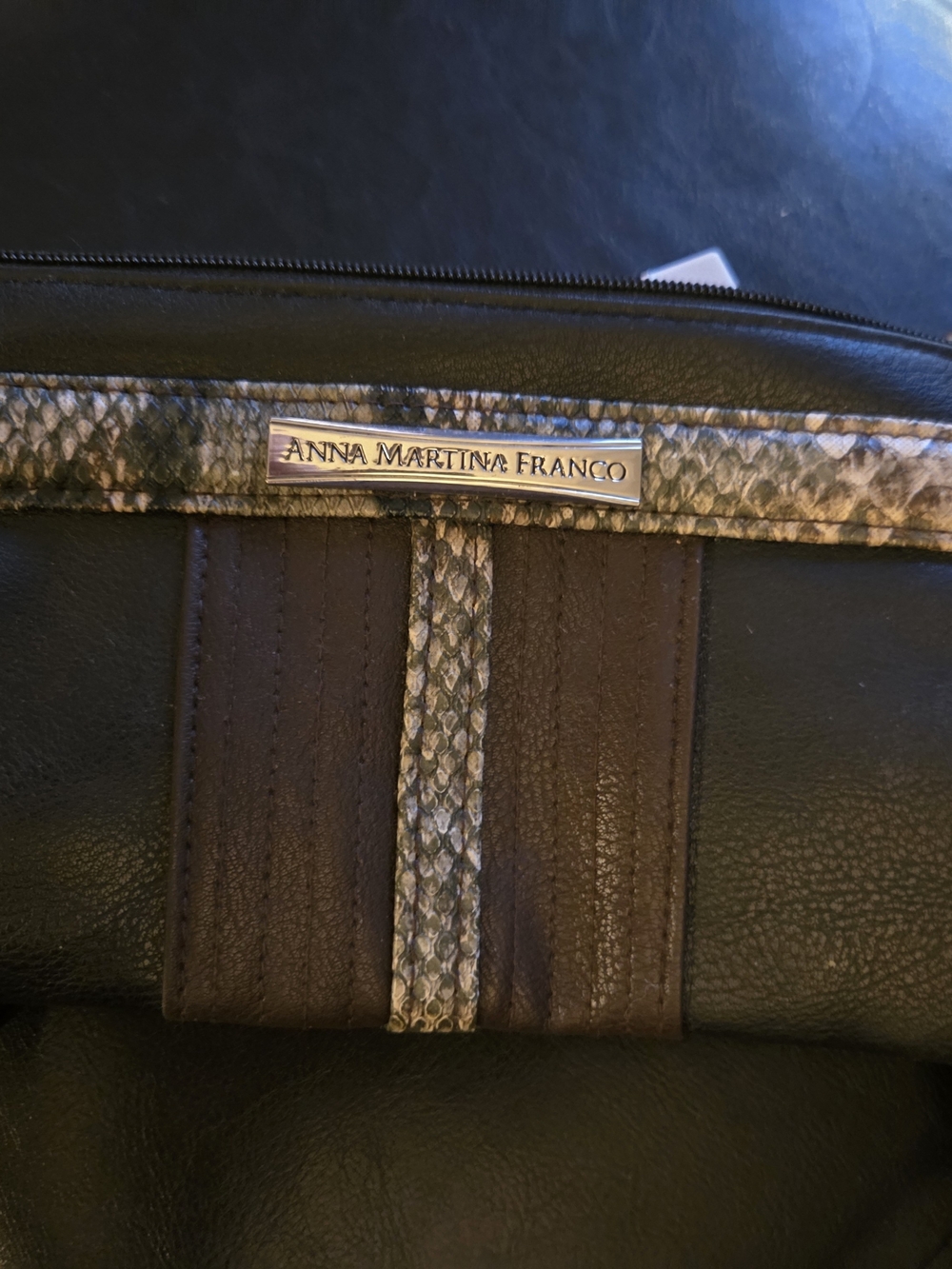 ANNA MARTINa FRANCO Brown Leather Messenger Bag with Snakeskin Trim